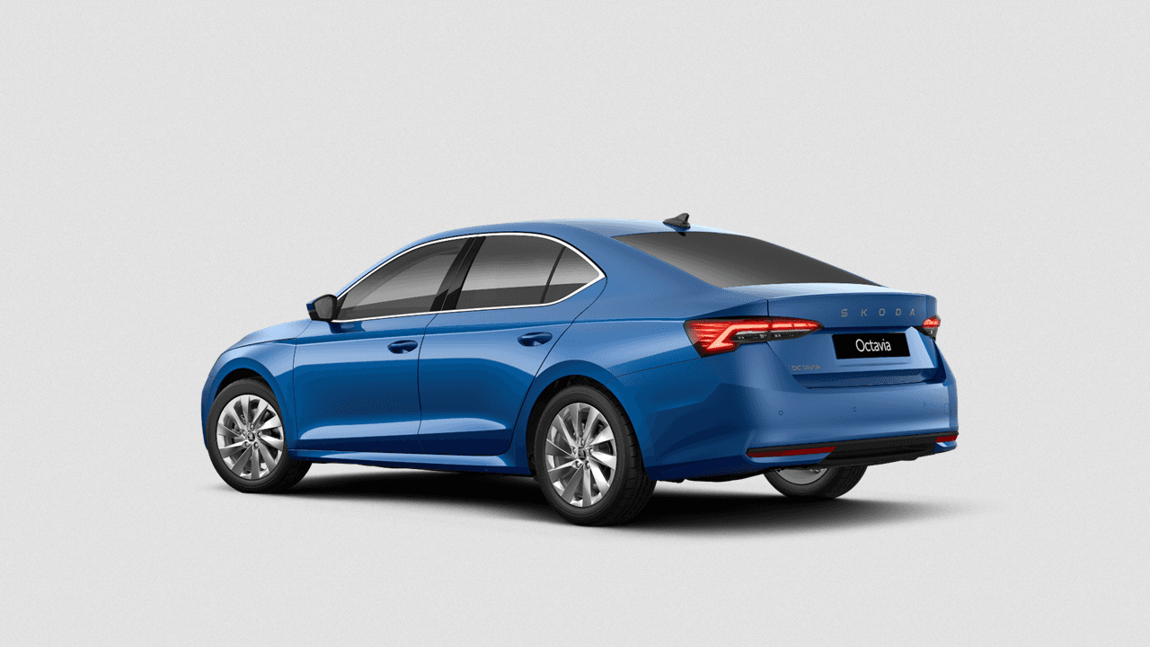 Skoda Octavia SE L hatchback in race blue — left-side angled studio shot