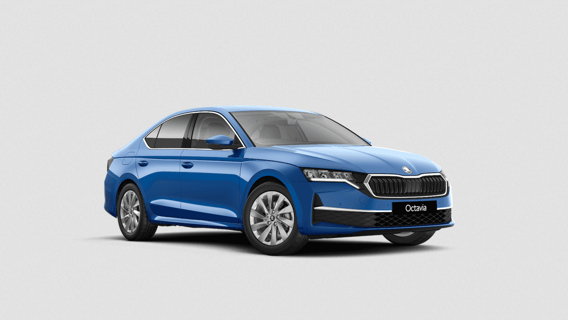 Skoda Octavia SE L hatchback in race blue — right-side angled studio shot