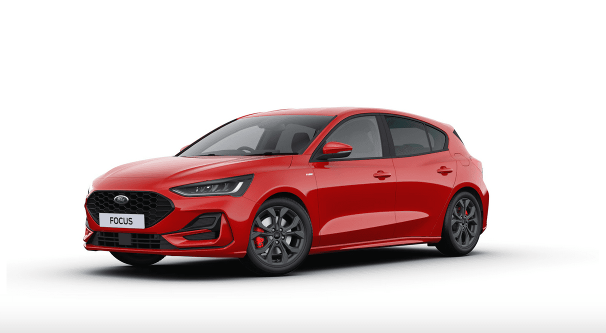 Ford Focus ST-Line MHEV in race red — front three-quarter view