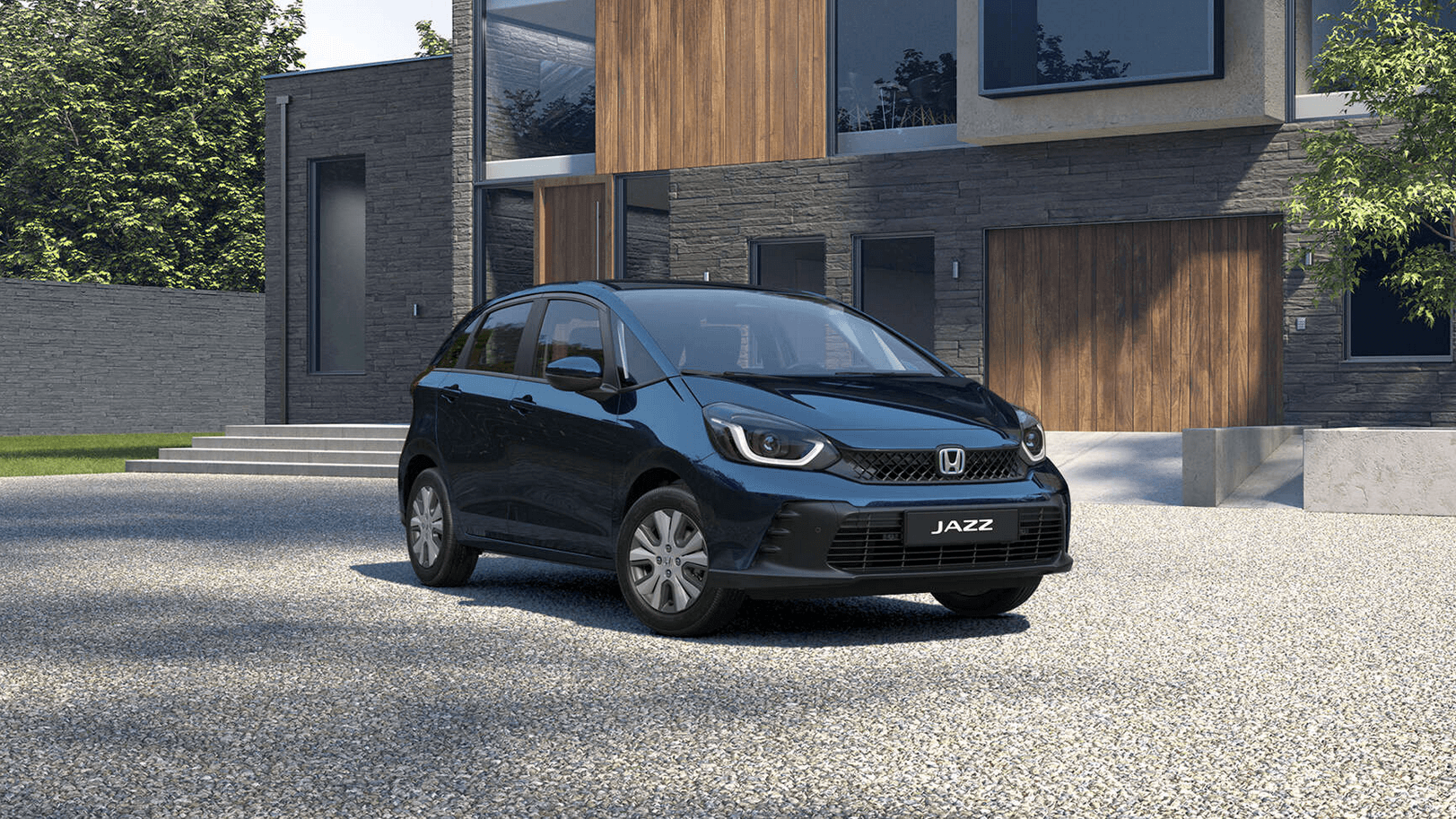 Honda Jazz eHEV Elegance in midnight blue front angled