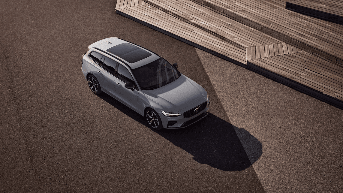 Volvo V60 Ultra estate in vapour grey, parked overhead view